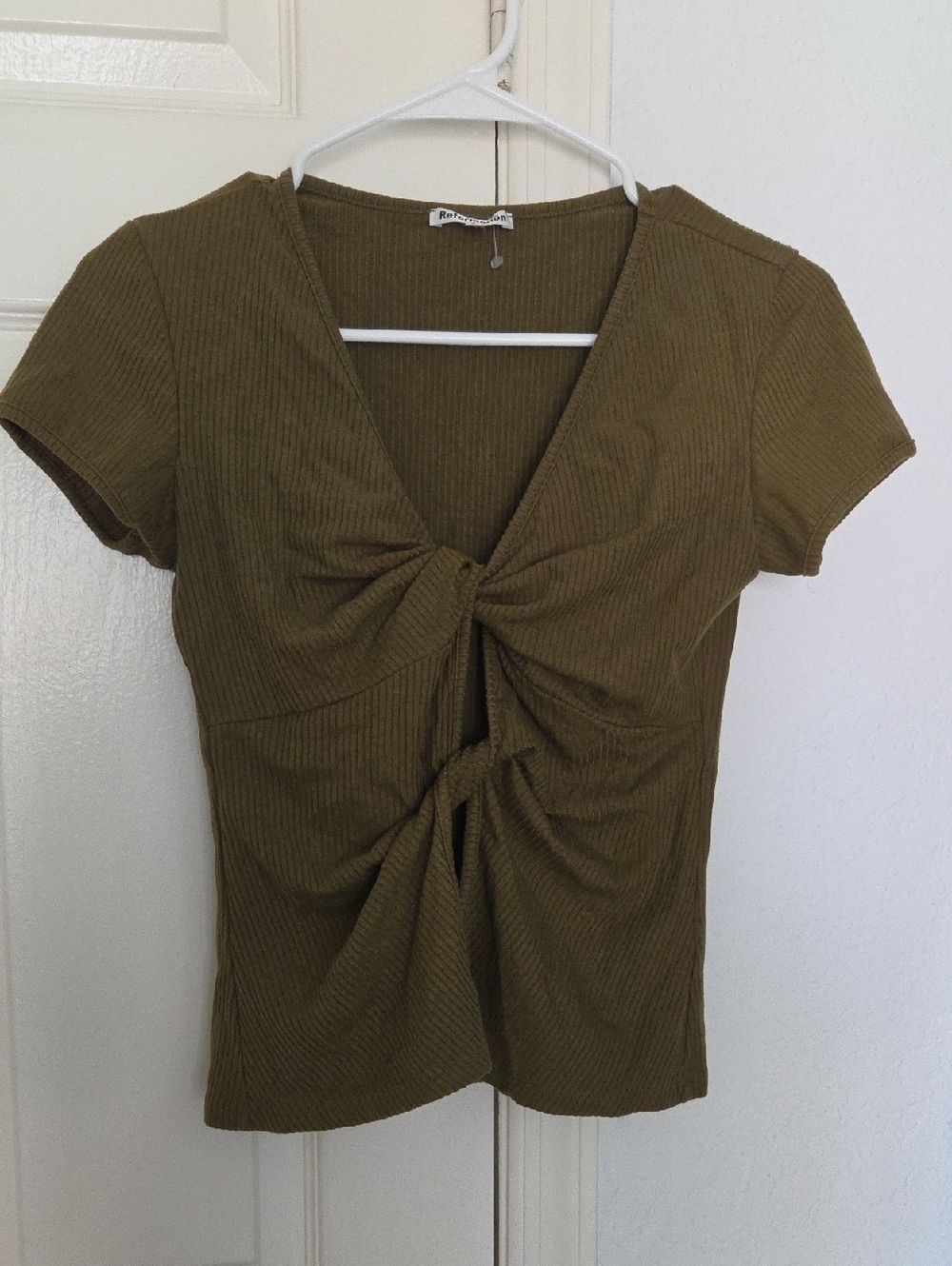 Reformation Olive Green Knot-Front Ribbed Crop Top